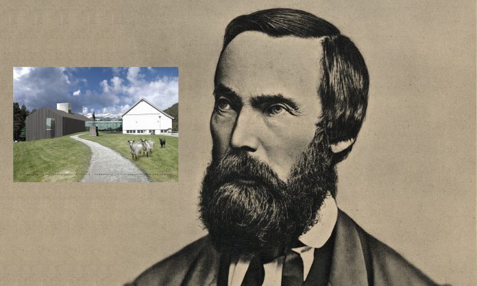 Aasmund Olavsson Vinje blir feira gjennom heile jubileums&aring;ret 2018. Innfelt: slik Vinjesenteret vil st&aring; fram n&aring;r det er ferdig.