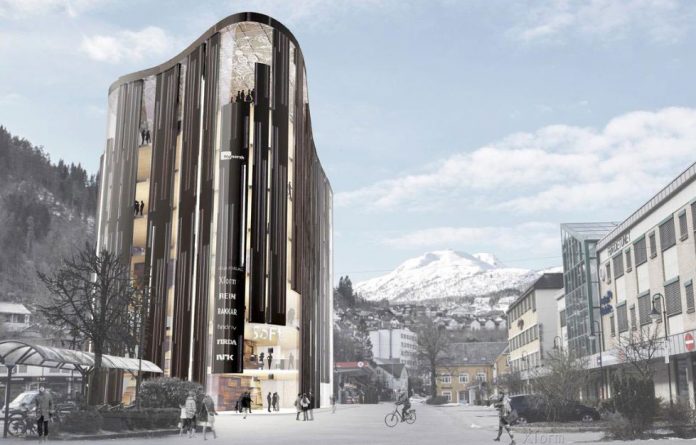 Slik ser arkitektane i Xform for seg eit nynorskhus i F&oslash;rde. Dei kallar l&oslash;ysinga &laquo;Nynorskens skog&raquo;. Utbyggjar: Fjordane Holding AS, O. Drage AS, Fjordvekst AS og Xform eiendom AS. Arkitekt: Xform AS. Illustrasjon: Xform AS