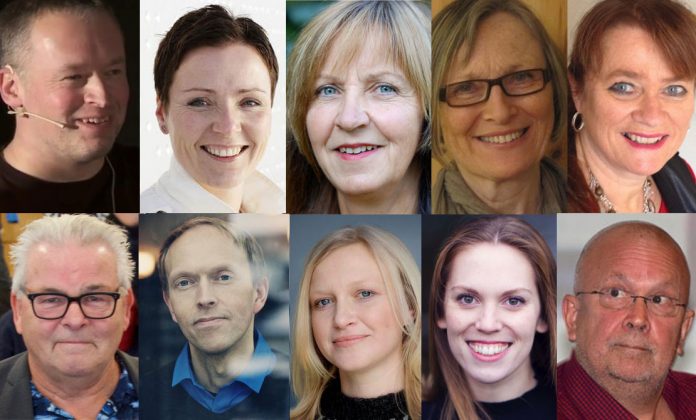 Oppe frå venstre: Arnfinn Kolerud, Linn T. Sunne, Magnhild Bruheim, Solveig B. Bendixen og Bente Bratlund. Nede frå venstre: Atle Hansen, Harald Nortun, Maria Parr, Ingunn Thon og Rune Belsvik. Foto: forlaga og Framtida.no