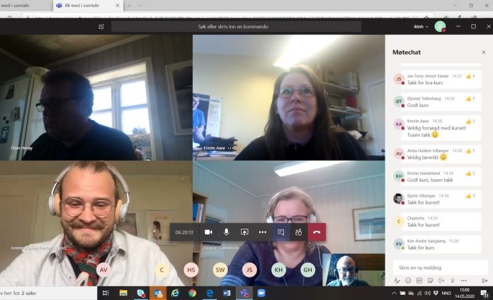 Jostein Avdem Fretland (nede til venstre) og Dagrun Gunnarson (nede til høgre) i samtale i Teams. Foto: skjermdump med løyve